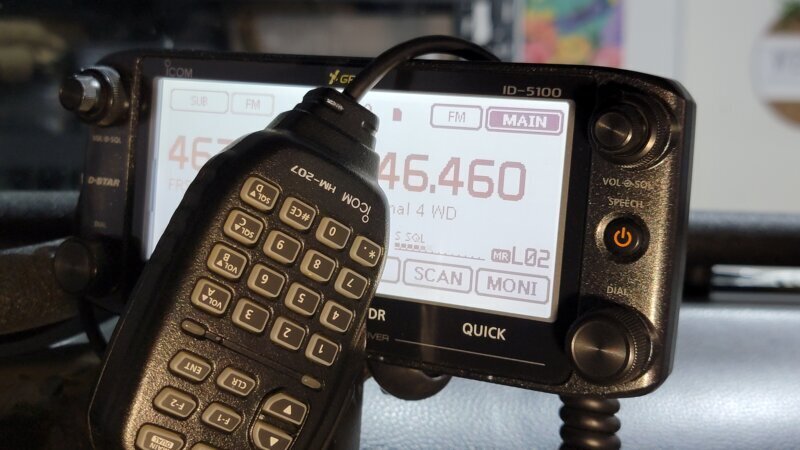 Icom ID-5100 HAM radio mounted in an overland rig, tuned to a repeater frequency