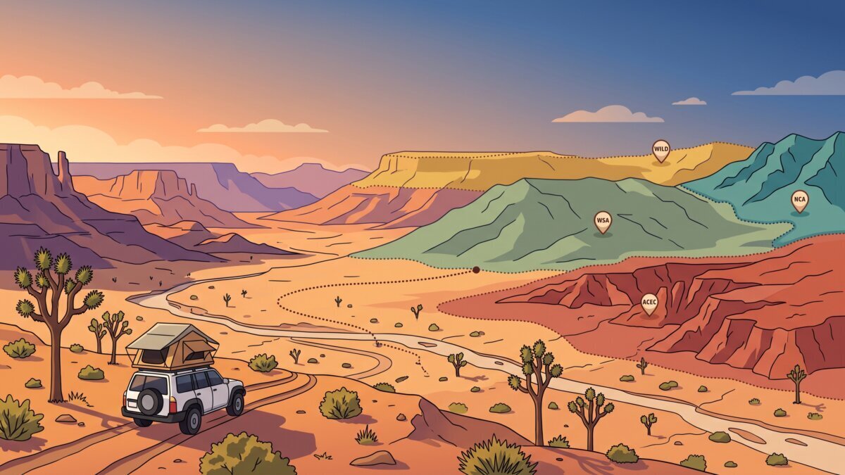 Illustrated Mojave landscape with color-coded BLM land designation zones over desert terrain