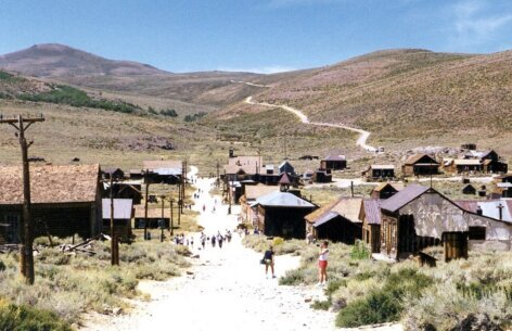 Weathered wooden storefronts along Main Street in Bodie, California