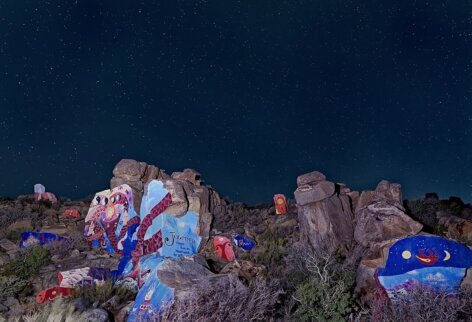 The Roy Purcell murals painted on boulders outside Chloride, Arizona