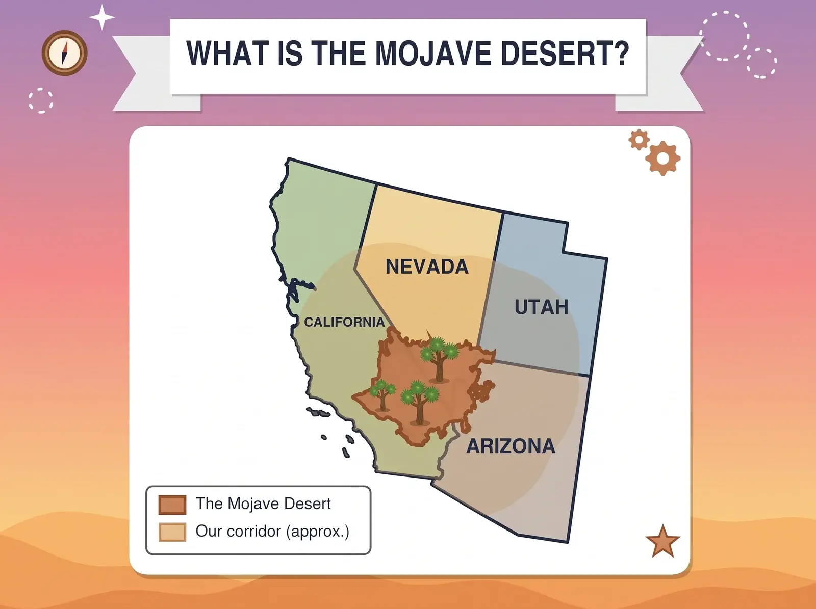 Map of California, Nevada, Utah, and Arizona with the Mojave Desert outlined in the southern Nevada and southeastern California region and the surrounding corridor shaded