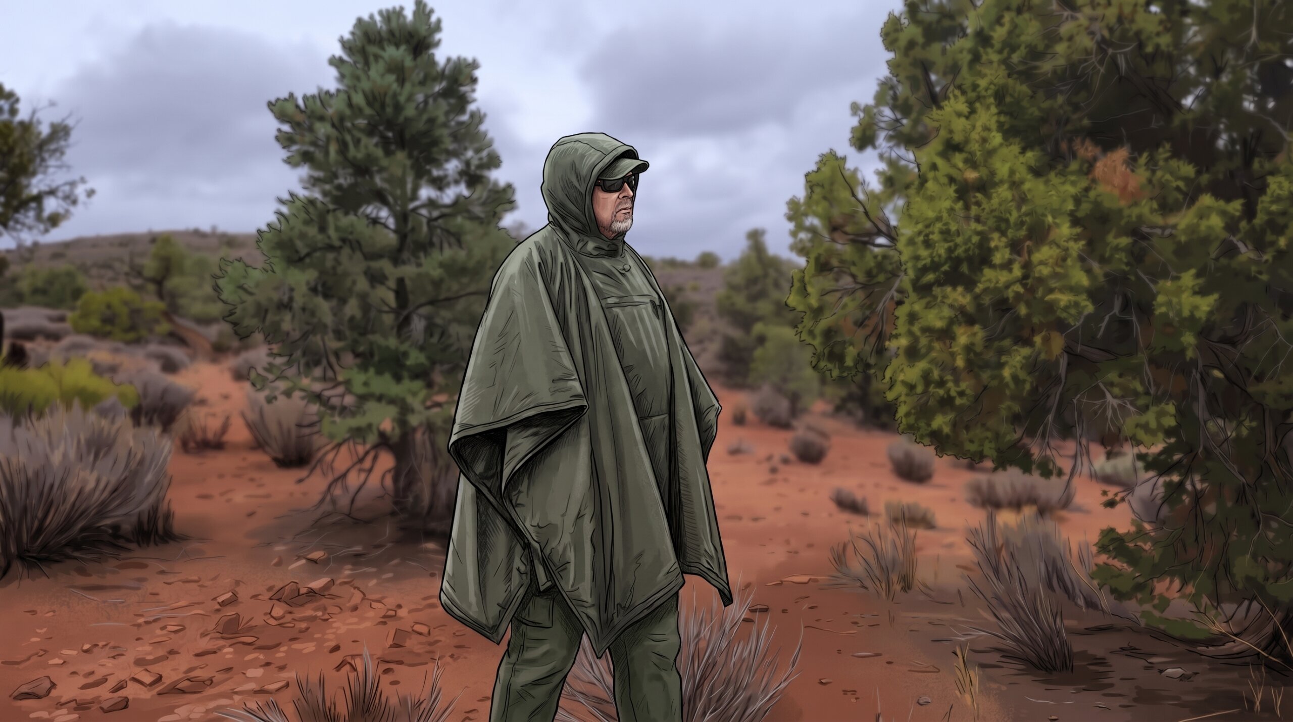 Illustrated figure wearing a Swagman Roll under a ripstop poncho on a desert trail