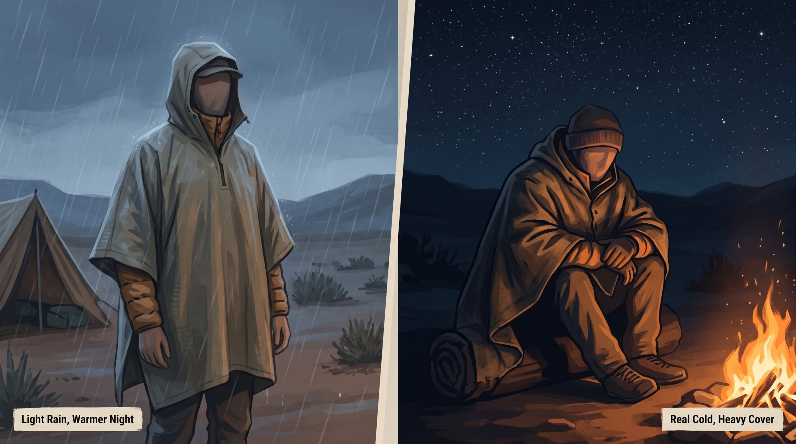 Split illustration comparing the Swagman Roll under a light ripstop poncho in rain versus a heavy oilcloth poncho beside a campfire at night